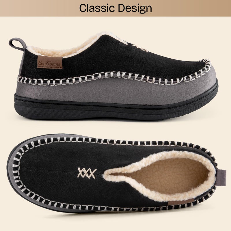 EverFoams Men's Moccasin Slippers Memory Foam Indoor/Outdoor Warm Suede House Shoes with Fuzzy Sherpa Lining (Black, Size 10 M US) - Image 3